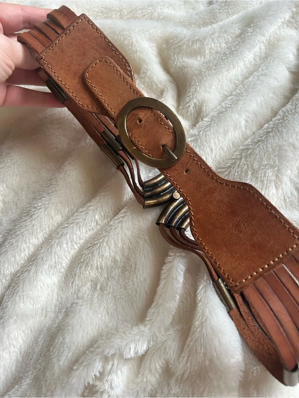 Anthropologie lucky penny brown genuine leather brass waist belt womens S